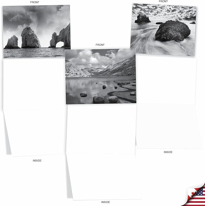 The Best Card Company - 10 Blank Note Cards with Envelopes (4 x 5.12 Inch) - Black & White Photos, Bulk Boxed Set - On the Rocks M3309-NB