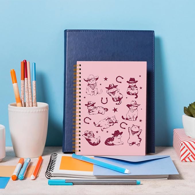Pink Western Cat Spiral Notebook Journal, Cat Mom Lovers Owners Gifts for Women, Vintage Western Cowboy Kittens Aesthetic Notebooks Journals for Work School Note Taking, 5.5x8.3