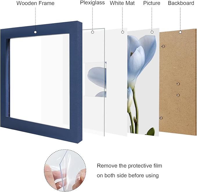 8x8 Picture Frame Set of 9, Photo Gallery Wall Frame Set, Display Pictures 4x4 with Mat or 8 x 8 Without Mat, Square Frame Picture Frames Collage Wall Decor, Blue