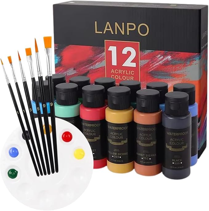 Acrylic Paint Set for Kids & Adults - Non Toxic Rich Pigments Artist Quality Great Color Jars Set for Professional Painting on Canvas, Wood, Fabric and More (12 Colors (2 Ounce Each)) MD-A13-1