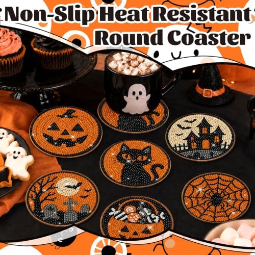 8 Pcs Halloween Diamond Art Coasters with Holder Ghost Pumpkin Craft Kit - Image 6