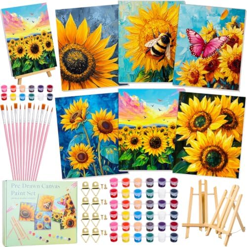 Engrowtic 57pcs Sunflower Sip and Paint Kit for Adults Pre Drawn Canvas Set by Engrowtic