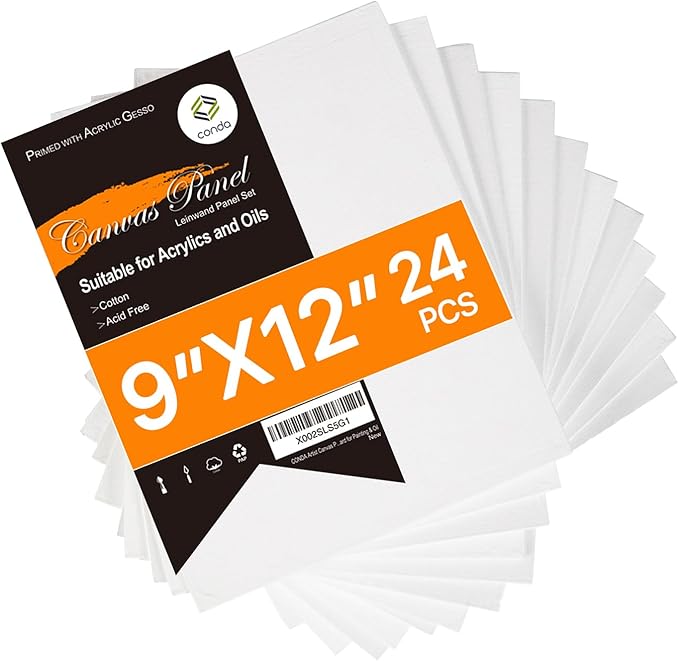 Conda Canvases Boards for Painting 9 x 12 inch, 24 Pack Value Bulk Blank White Canvas, 100% Cotton, Quality Acid Free Artist Canvas Panels for Acrylics Watercolor & Oil Painting