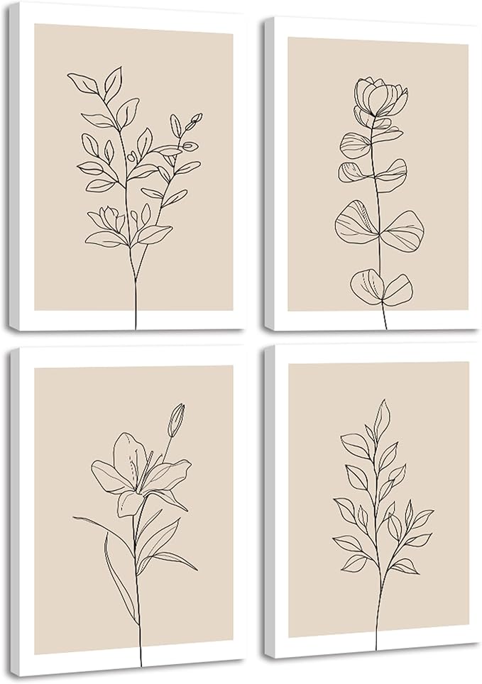 Drsoum Botanical Boho Framed Wall Art Wooded Minimalist Aesthetic Flower Prints Farmhouse Retro Plants Rustic Bathroom Kitchen Home Decor Ready to Hang 12x16inx4pcs (Framed)