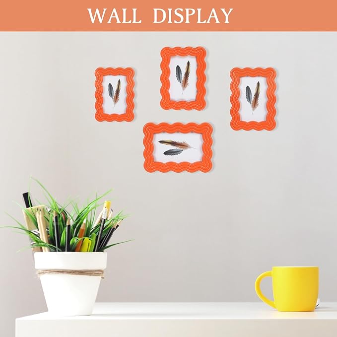 5x7 Picture Frame, Display Pictures 5x7 with Mat, Wavy Edge Wood Photo Frame for Tabletop and Wall Hanging, with Clear Plexiglass for Vertical or Horizontal Display, Orange, 1 Pack