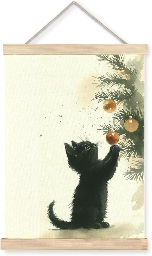 bitCNY Black Cat Kitten Christmas Wall Art – 12x16 Inch Cat and Tree Ornament Canvas, Holiday Pet Poster for Winter Home Décor