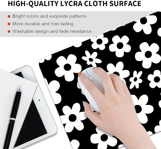 Square Mouse Pad Black White Flowers, Personalized Premium-Textured Custom Mouse Mat Design, Washable Mousepad Cloth, Non-Slip Rubber Base Computer Mouse Pads for Wireless Mouse