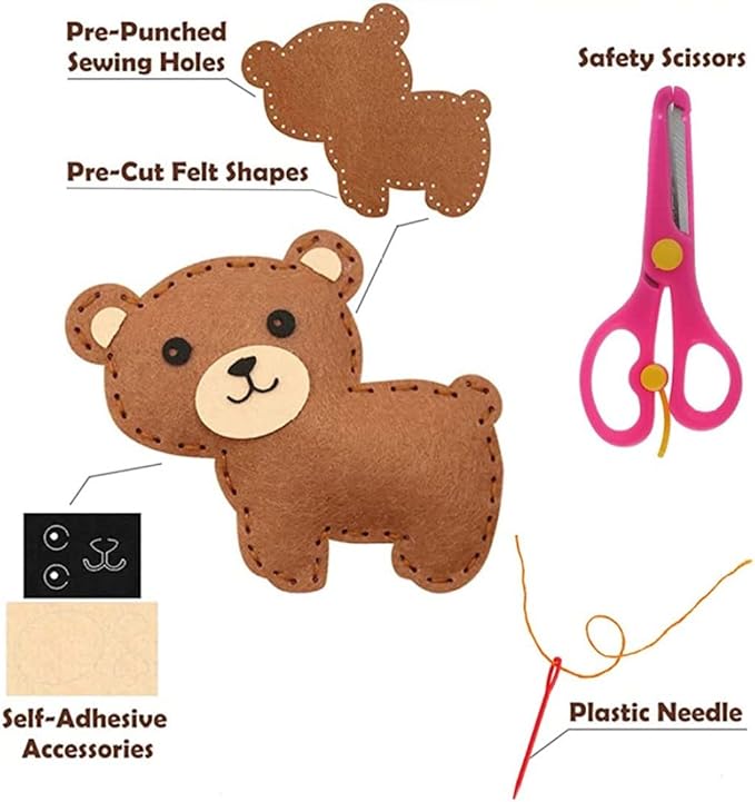 Sewing Kit for Kids Dinosaur DIY Art Craft Felt Set Animals Preschool Beginners Educational Sewing Set Project Party Supplies for Boys Girls (Animal)