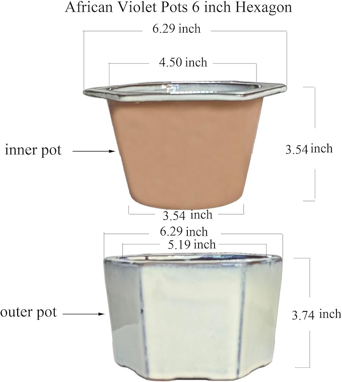 African Violet Pots 6 inch Hexagon Self-Watering Ceramic Violet Pots 4.50'' Opening (Cream White)