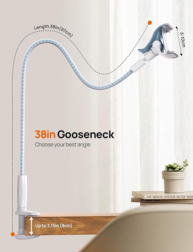 Aomiker Gooseneck Phone Holder for Bed - [Upgrade Nylon Braid] 38” Flexible Lazy Arm Clip, 360 Adjustable Overhead Phone Mount for iPhone 16 15 14 13 12 11 Pro Max Mini Plus, 4-7" Cellphone - White