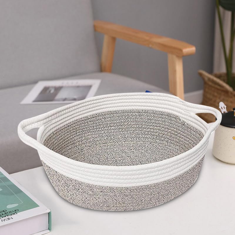 Woven Cotton Rope Storage Basket with Handle, Round Home Storage Basket for Home Organization and Gift Organizer, Home Organizer, Bedroom, Living Room, 12 x 8 x 5 Inch (Brown White) - Image 3