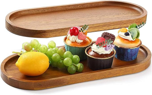 13.8 x 5.8 Inch Large Wood Serving Trays Charcuterie Boards Oval Wooden Plates Wood Serving Platter Cheese Dinner Plates Bulk for Dessert Snack Bread Fruit Appetizer Dishes (13.8" x 5.5"_2 Pack)