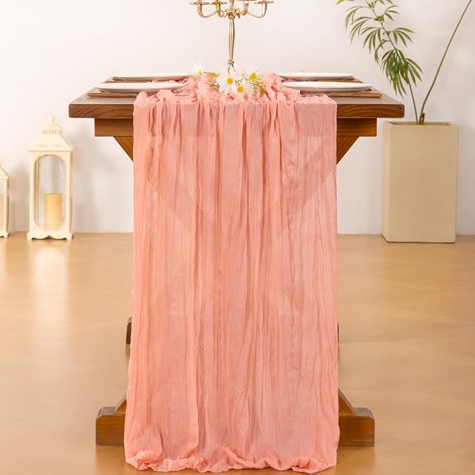 Socomi 6pcs Coral Peach Valentine's Day Cheesecloth Table Runner Boho Rustic Gauze 120 inch 10FT Cheese Cloth Runner for Wedding Party Baby Shower Birthday Home Decor Holiday Decorations
