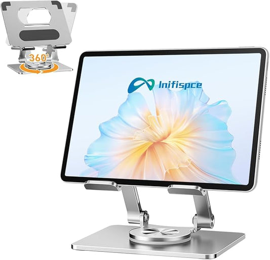 iPad Stand for Desk, Tablet Holder with Thickened 360° Rotating Base Dual Rod Adjustable Aluminum Stand for All 4-12.9’’ iPad Surface Samsung Phone Tablet Kindle E-Reader and More, Silver