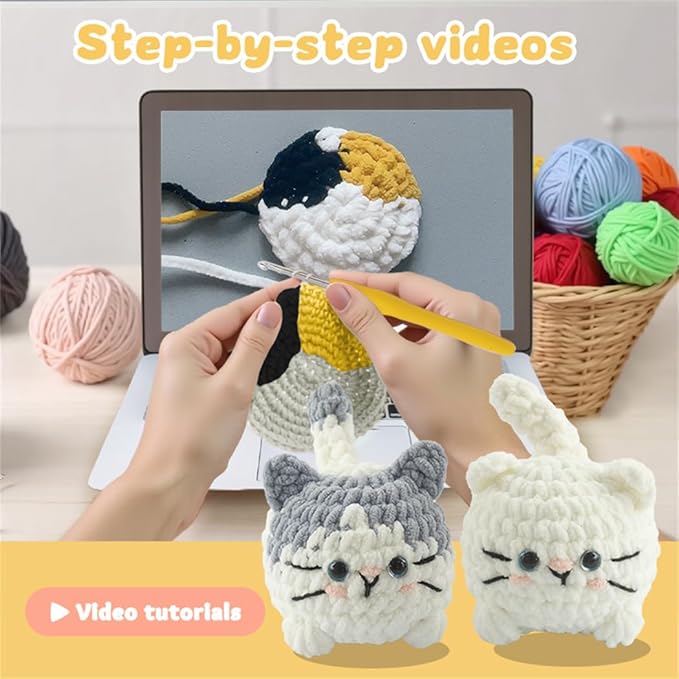 Linhao Jew Crochet Kit for Beginners – Knitting Kits Cute Animal Kitten Keychain with Pre-Started Easy Yarn, Step-by-Step Video Tutorials for Adults & Kids DIY Crafts (Kitten)