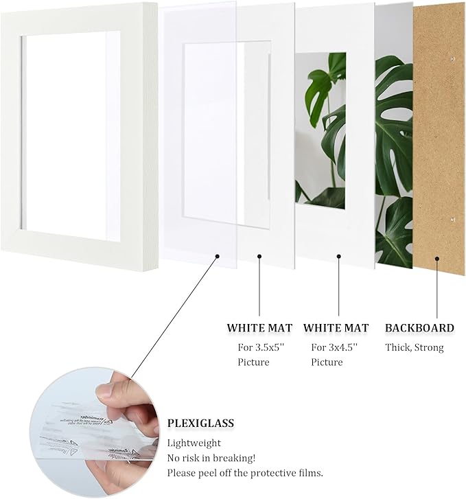 Egofine 4x6 Picture Frames 4PCS Covered by Plexiglass, for Picture 3x4.5/3.5x5 with Mat or 4x6 whitout Mat, Made of Solid Wood for Table Top Display and Wall Mounting Photo Frame, White with Texture
