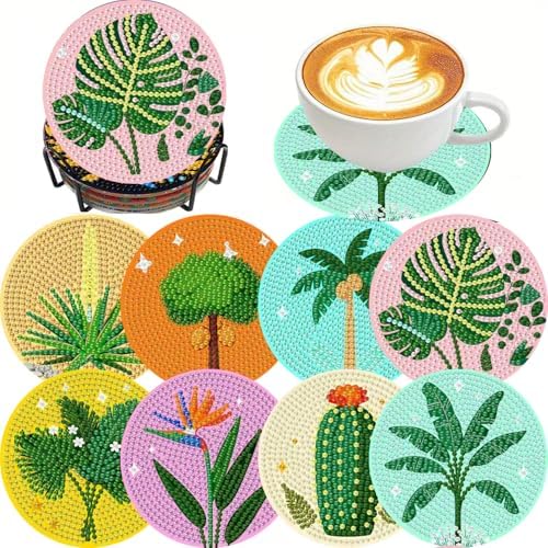 Clendo 8 Pcs Green Plants Diamond Painting Coasters Kits with Holder, 5D Diamond Art Painting Coasters Set for Adults, Small Mini Diamond Dots Kit for Beginners DIY Art Craft Home Decor by Clendo