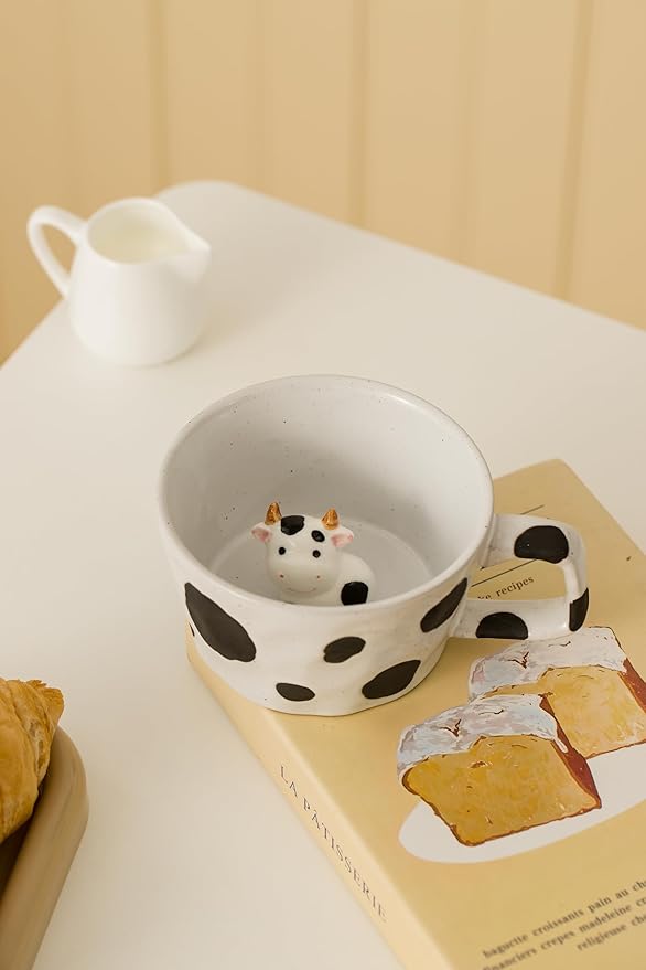 DIHOclub Farmhouse Ceramic Coffee Mug with Animal Figurine – Rustic Stoneware Cup, Matte Finish, Ideal for Breakfast & Home Decor (Black White Cow)