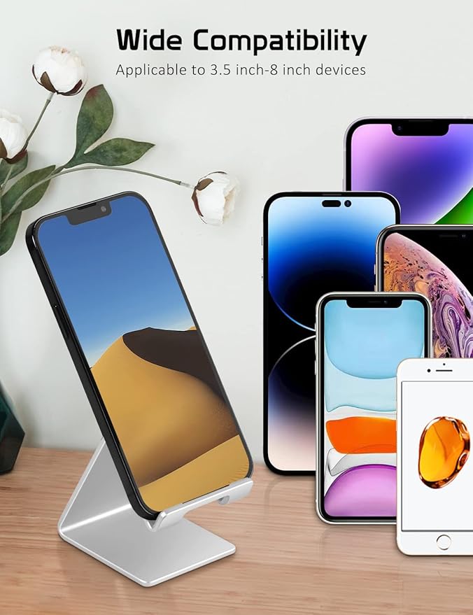 Desktop Cell Phone Stand Holder, Aluminum Solid Portable Universal Desk Stand for iPhone 16 15 14 13 12 11 X 8 7 6 Plus 5 Ipad 2 3 4 Mini Samsung Huawei All Mobile Smart Phone, Silver