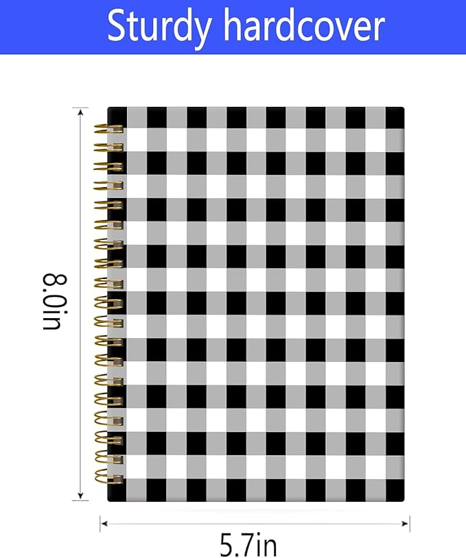 Spiral Journal Notebook,A5 Hardcover Lined Journals for Women 6 x 8.3 in,60 Sheets 120 Pages Thick Paper,Cute College Ruled Writing Notebook for Office Work School(Black White Check Lattice Plaid)