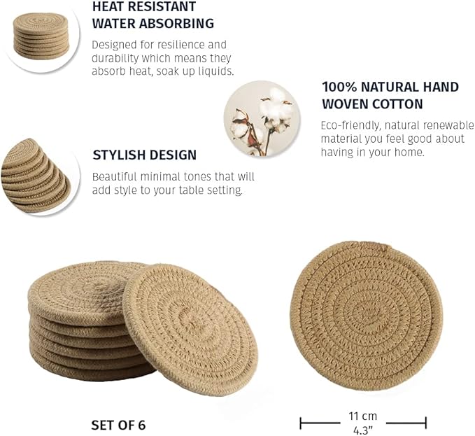 OrganiHaus Drink Coasters Set of 6, Absorbent Cotton Woven Cup Coasters, Rustic Farmhouse Boho Decor for Coffee Table and Drinks Protection, Cute Coaster for Drinks, Coaster for Office Desk - Honey