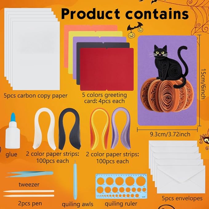 WEBEEDY 20 Sets Halloween Paper Quilling Kit for Adult Beginner 5 Styles Witches Pumpkins Ghosts Bats Black Cats Greeting Card Making Kit with Instruction Handmade Quilling Card for Halloween Decor