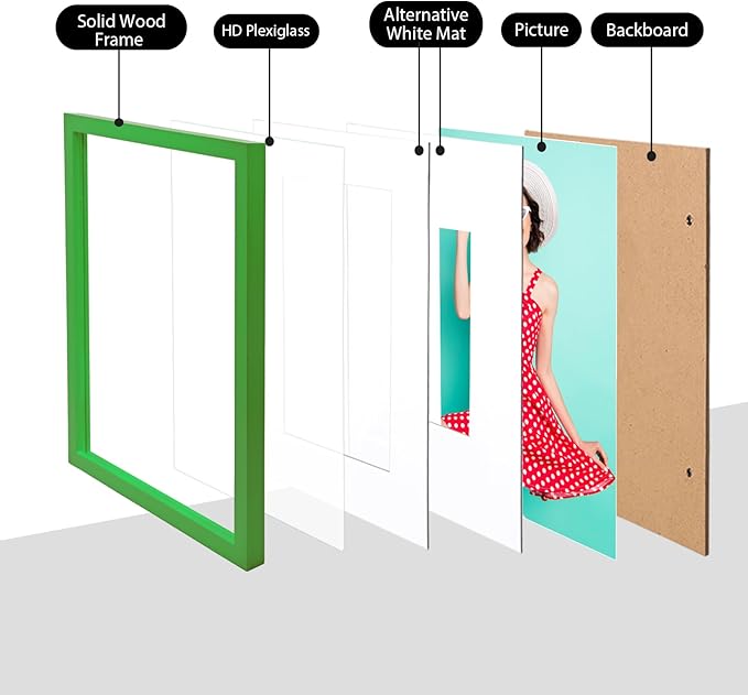 KINLINK 11x14 Picture Frame Grass Green, Solid Wood Frames with Acrylic Plexiglass for Pictures 5x7/8x10 with Mat or 11x14 without Mat, Tabletop and Wall Mounting Display, 4 Pack