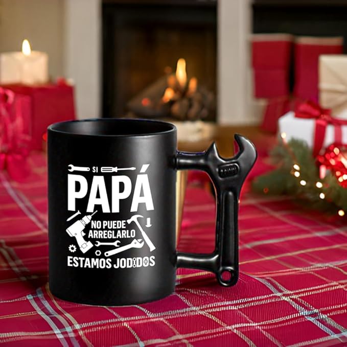LOZACHE Cool Mug for Dad - If Dad Can't Fix It... - Original Father's Day Gift - 350 ml - Black mug With Wrench-shaped Handle, Dad's Birthday Gift, Christmas, Father's Day (Black for Papá)