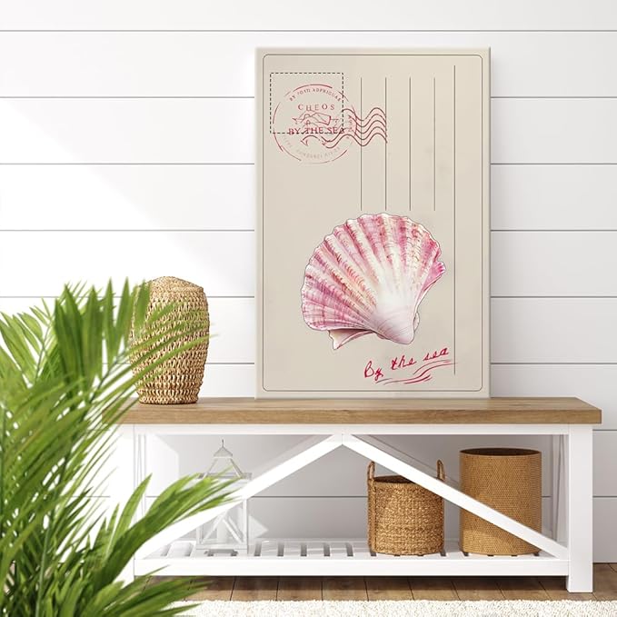 Framed Vintage Watercolor Ocean Beach Coastal Pink Seashell Postcard Preppy Canvas Wall Art Cheos By The Sea Print Painting Poster Aesthetics Pictures Boho Decor for Living Room Bedroom 16x24inch