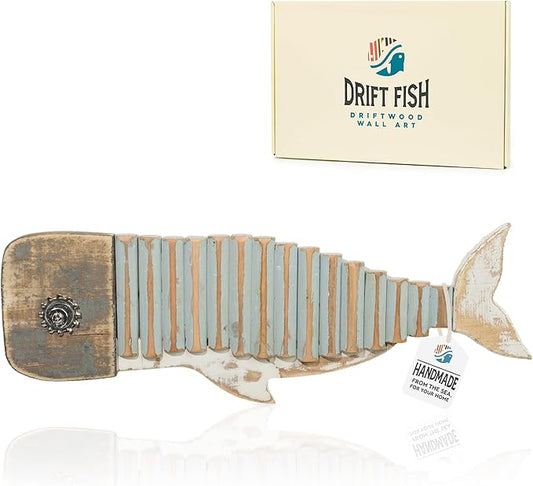 Mint Bucket Brands Driftwood Fish Nautical Wall Decor - 17" x 5.5" Handmade Wooden Rustic Coastal Wall Art for Living Room, Bedroom, Office, Bathroom - Ocean Beach Decoration (Wally)
