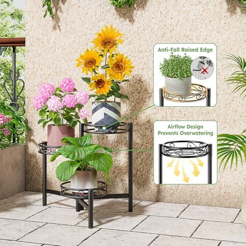 Metal Plant Stand Indoor Outdoor, 3 Tier Corner Tall Plant Shelf for Multiple Plants, Tiered Plant Stand, Heavy Duty Flower Plant Holder, Folding Tall Rack for Garden Patio Lawn Balcony - BlackWave - Image 4