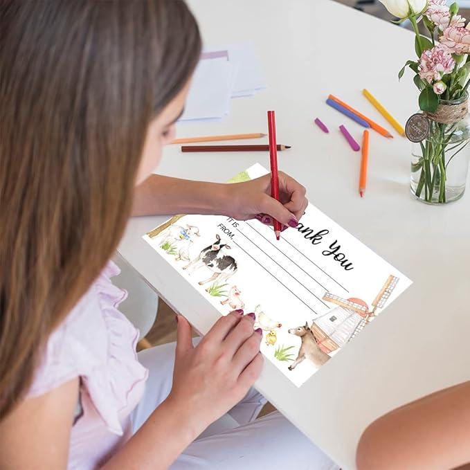Andaz Press Kids Fill in the Blank Thank You Cards - 20 Cards Including Envelopes Farm Animals Gender Neutral Note Cards For Boys Girls Birthday Thank You Notes for Friends, Family Party Guests