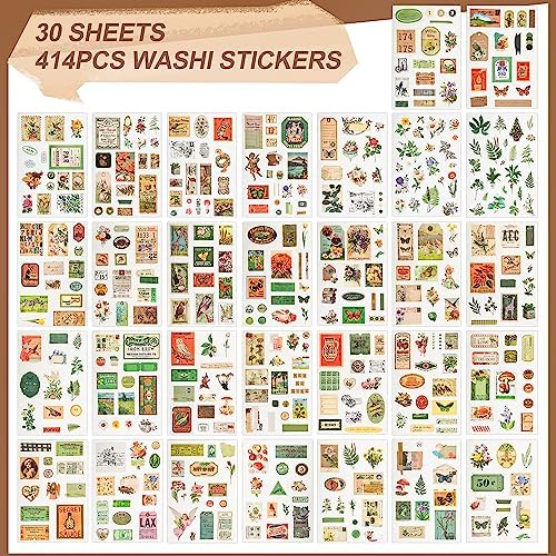 Vintage Washi Stickers for Scrapbooking, Aesthetic Sticker Book for Journaling with 30 Sheets Scrapbook Stickers and 20 Sheets Scrapbook Papers for Bullet Junk Journals Set for Adults with Tweezers - Image 2