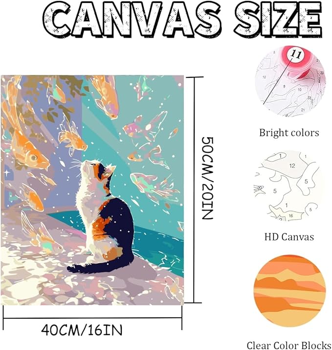 Mosaflare Paint by Numbers for Adults Beginner, Cat and Goldfish Adult Paint by Number Kits on Canvas, DIY Acrylic Oil Easy Painting by Numbers for Home Wall Decor 16X20 inch (Without Frame)