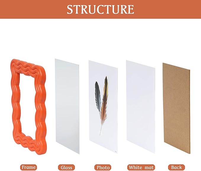 4x6 Picture Frame, Display Pictures 4x6 with Mat, Wavy Edge Wood Photo Frame for Tabletop and Wall Hanging, with Clear Plexiglass for Vertical or Horizontal Display, Orange, 1 Pack