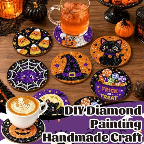 8 Pcs Halloween Diamond Art Coasters Cute Cat Spider Pumpkin Bat Ghost Diamond Art Painting Coasters with Holder DIY Crafts Kits for Halloween Party Decor Gift - Image 5