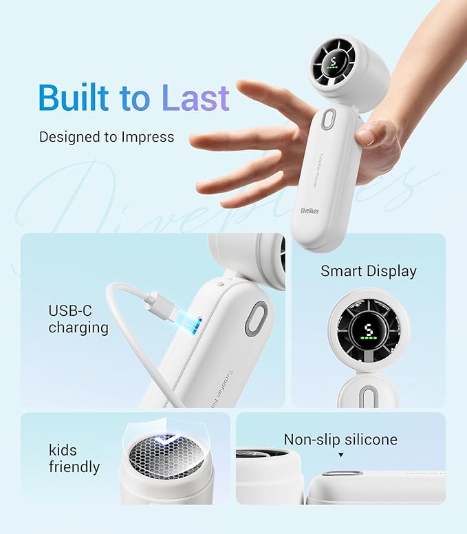 Diveblues High-Speed Portable Handheld Turbo Fan, USB Rechargeable Battery Powered, Small Portable Pocket Fan for Travel, Outdoor, Home, Office, Concerts, Lash, Gift for Women(White)