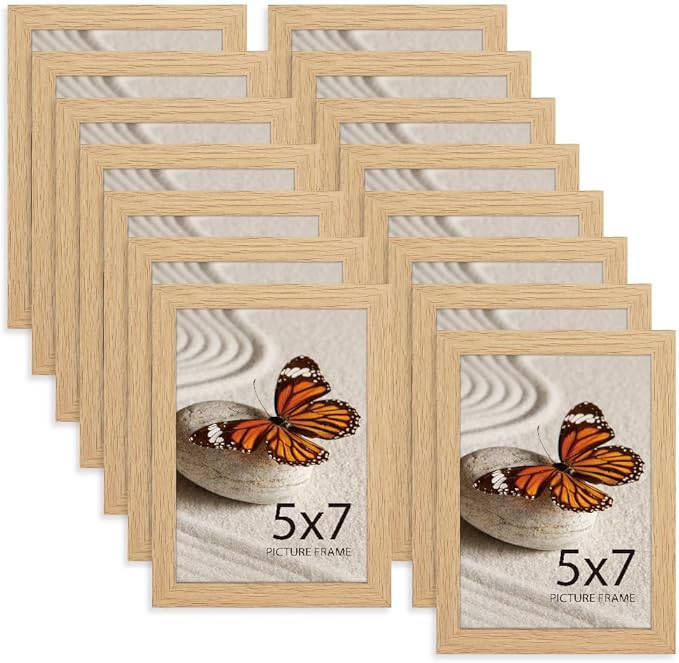 Memory Island 5x7 Photo Frames for Wall and Tabletop Display, 5 by 7 Natural Wood Grain Picture Frames with HD Plexiglass, Set of 15