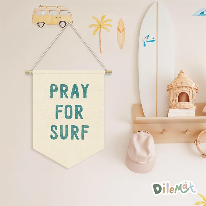 Surf Decor for Coastal Beach Room, Surf Summer Wall Art Wall Hanging Pennant Flag Banner, Surfer Preppy Aesthetic Room Decor, Beachy Decor for Teen Boys Girls Dorm