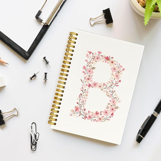 Pink Cute Spiral Notebook Journal, Preppy Floral Initial Letter B Personalized Journaling Notebooks, Monogrammed Gifts for Women Girls, Botanical Hardcover Spiral Lined Notebook 5.5 x 8.3