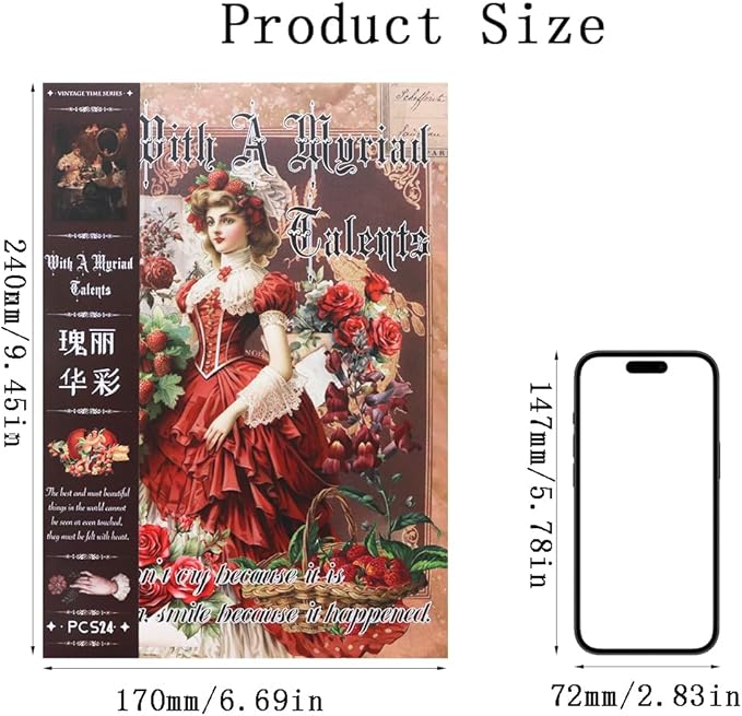 Vintage Stickers for Scrapbooking, Junk Journal - 24 Sheets Washi Sticker, Victorian Journal Stickers Book for Women, Self-Adhesive Scrapbook & Junk Journal Supplies (Red)
