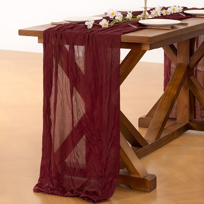 Socomi Burgundy Red Valentine's Day Table Runner Cheesecloth Boho Rustic Gauze 120 inch 10FT Cheese Cloth Runner for Wedding Party Baby Shower Birthday Home Decor Holiday Decorations