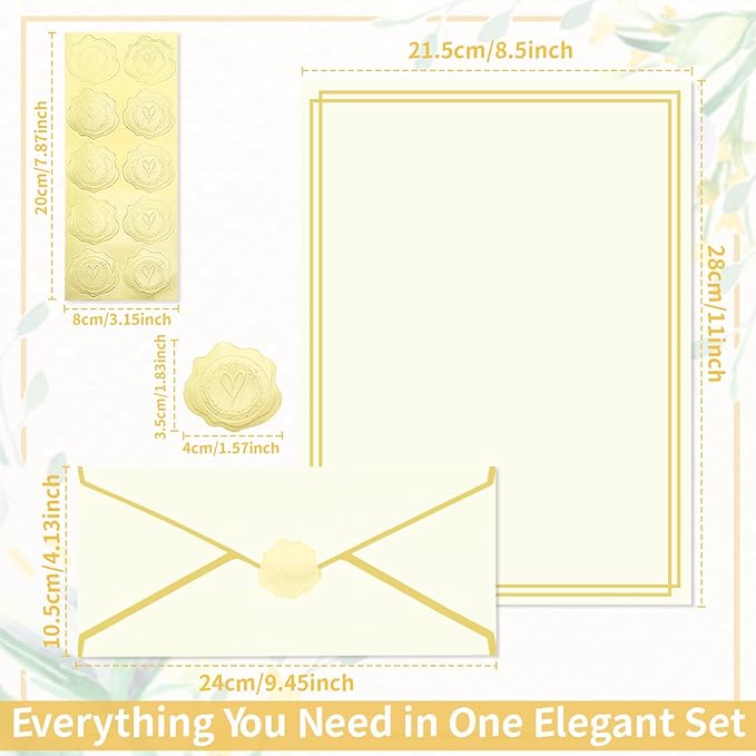 30 Pack Stationery Paper Set with Gold Border Including #10 Business Envelopes and 8.5x11 Paper Sheets 30 Gold Stickers for Love Letters and Party Invitations (Cream Color)