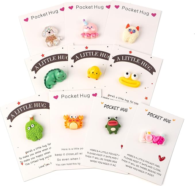 10 Sets Pocket Hug, Cute Pocket Hug Token with Mini Figurines for Anxiety Relief & Emotional Support, Small Thinking of You Cards Party Favors Appreciation Gifts for Men Women Coworkers