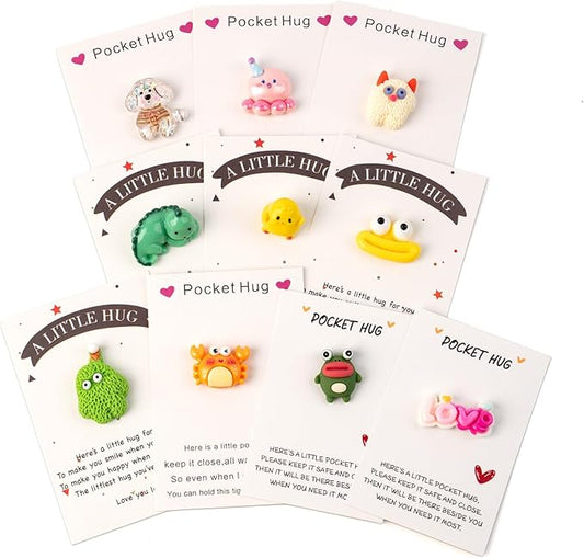 10 Sets Pocket Hug, Cute Pocket Hug Token with Mini Figurines for Anxiety Relief & Emotional Support, Small Thinking of You Cards Party Favors Appreciation Gifts for Men Women Coworkers