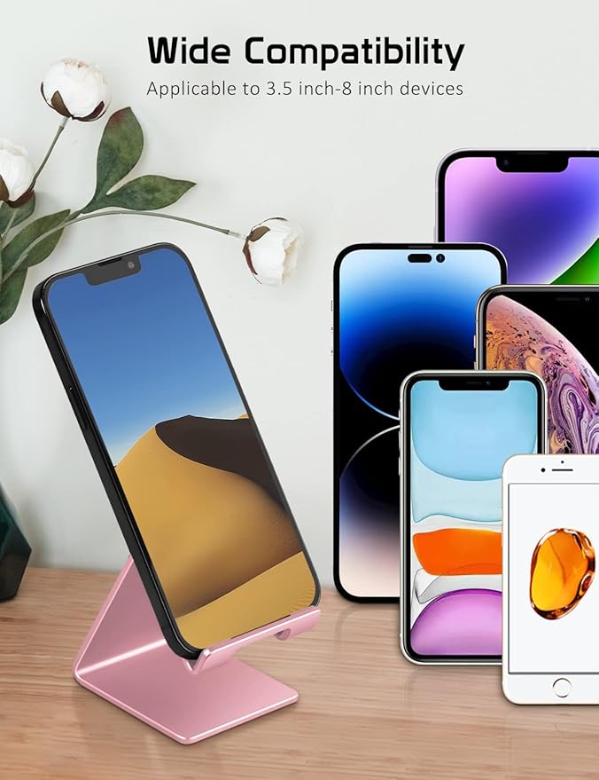 Phone Stand, Aluminum Phone Holder for iPhone 16 15 14 13 12 11 X 8 7 6 Plus 5, Samsung, Huawei, Suitable for All Smartphones, Adding a Touch of Style to Your Office Decor, Rose Gold