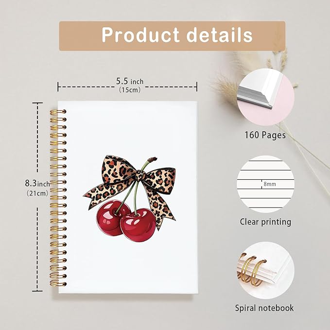Leopard Bow Cherry Notebook Journal,Trendy Coquette Aesthetic School Supplies for Girls,Preppy Spiral Planner for Girls & Women,Cute Notebooks for Women, 5.5x8.3 Inch