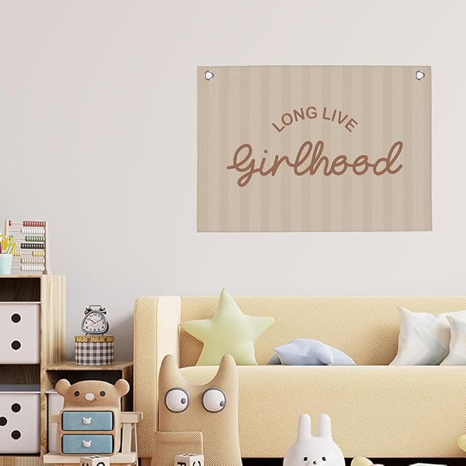 Long Live Girlhood Linen Banner Hanging Flag Girls Room Playroom Wall Decor for Nursery Playroom Kids Bedroom Dorm Toddler Decorations Princess Trendy Room Decor 22x28 Inch