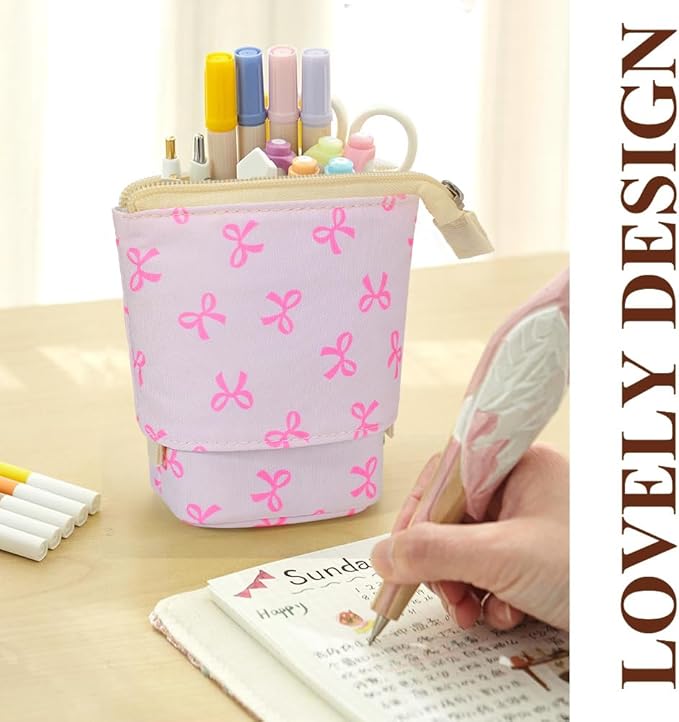 KPX Cute Standing Pencil Case Pen Holder for Kids, Pop Up Stand UP Bubble Tea Pen Organizer Kawaii Stationary for Christmas Holiday New Year Office (Bow)