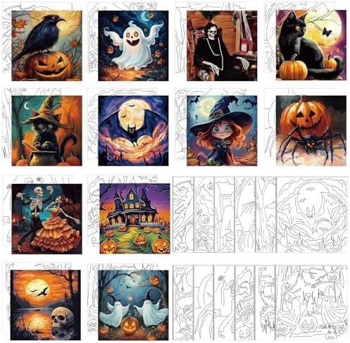 Teling 12 Pcs Halloween Pre Drawn Stretched Canvas Kit for Adults Painting Pre Printed Canvas Outline for DIY Painting Party Favor, 6 x 6 x 0.6 Inches by Teling